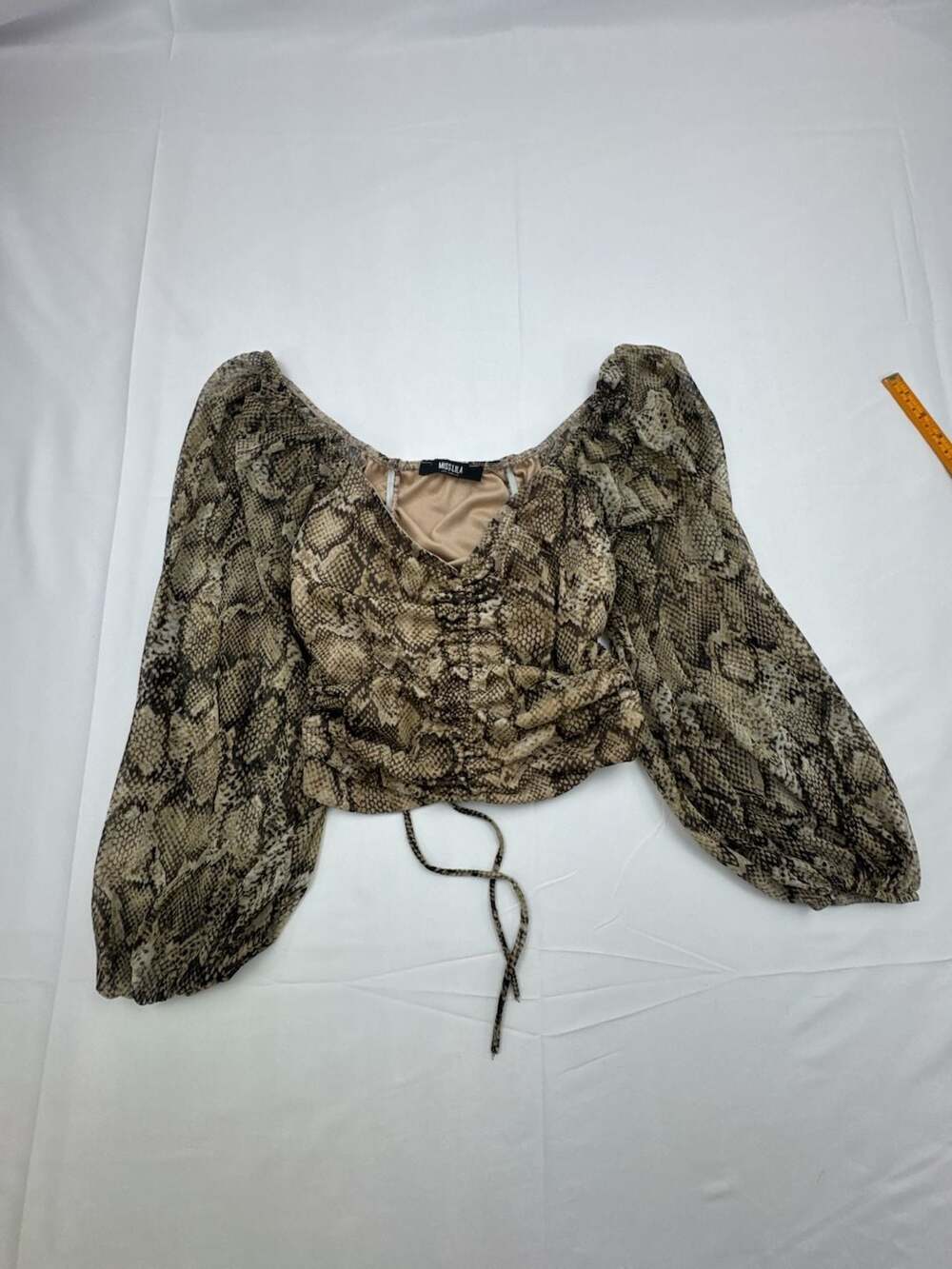 Miss Lola Los Angeles Snake Print Ruched Long Sleeve Crop Top